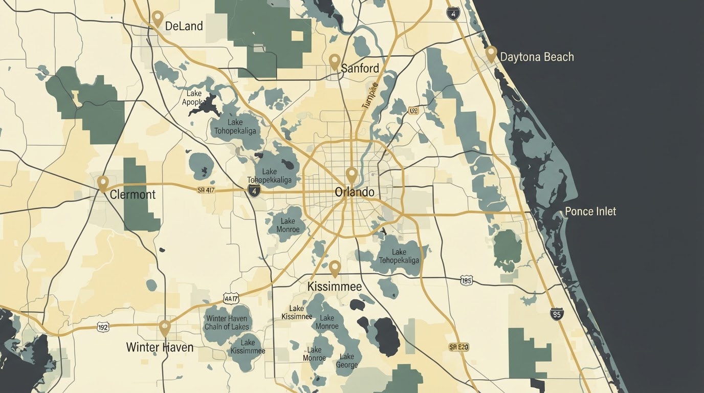 Illustrated map of Central Florida showing the mobile grooming service area