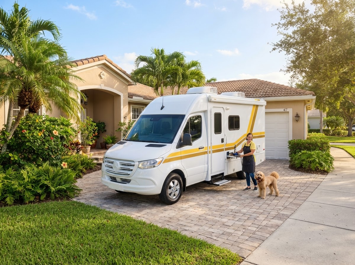 A clean mobile grooming van parked in a residential Florida driveway