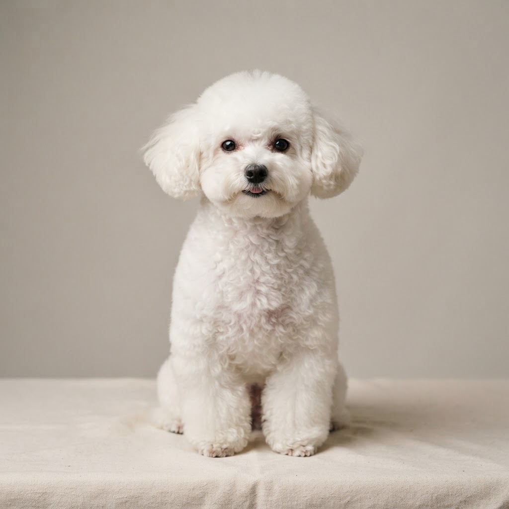 A freshly groomed white poodle with a neat teddy bear cut