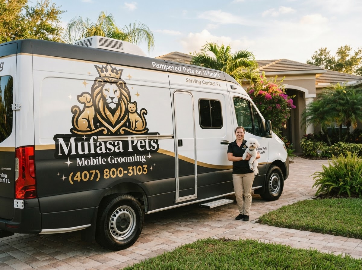The Mufasa Pets Mobile Grooming van with the crowned lion logo and phone number (407) 800-3103 parked in a sunny Florida driveway