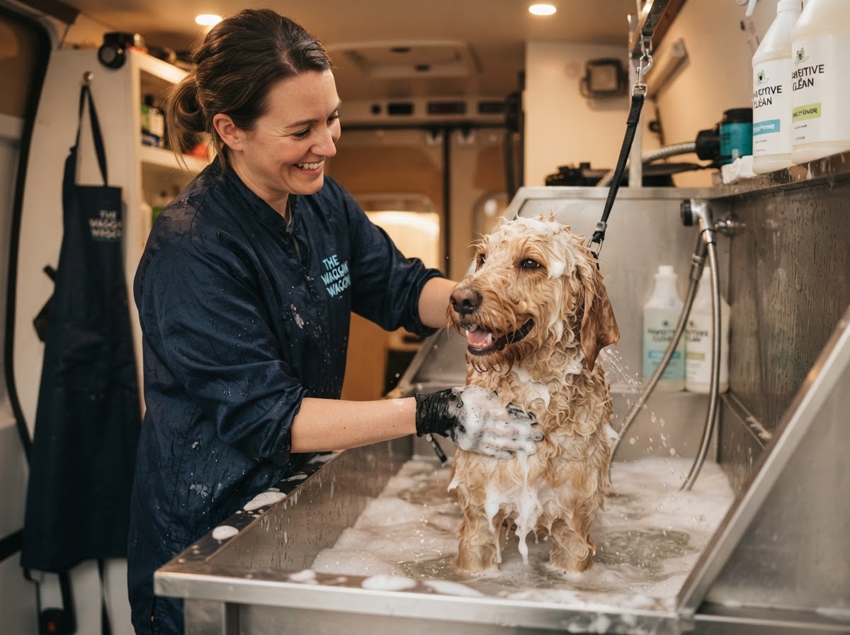 A groomer giving a happy dog a warm professional bath in a clean mobile grooming tub
