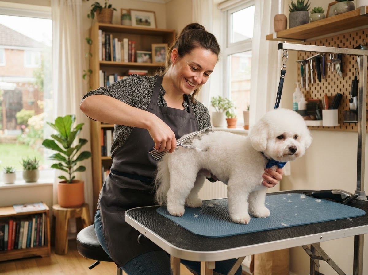 A groomer carefully hand-scissoring the coat of a calm small white dog