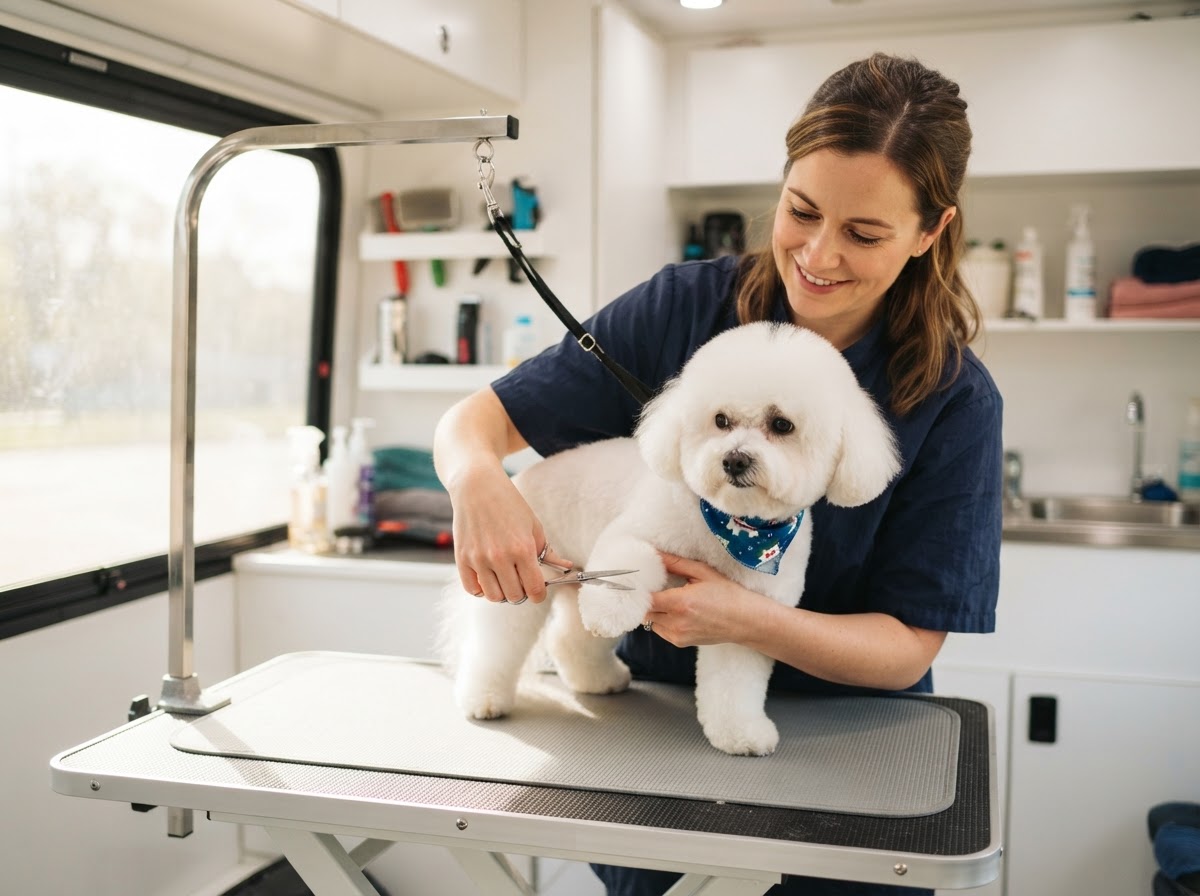 A mobile pet groomer gently grooming a happy dog inside a clean mobile grooming van