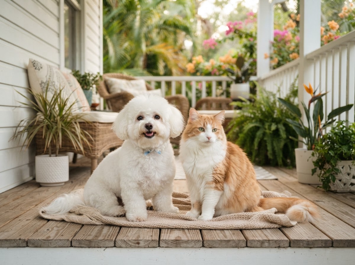 A happy freshly groomed dog and cat relaxing together on a sunny Florida porch