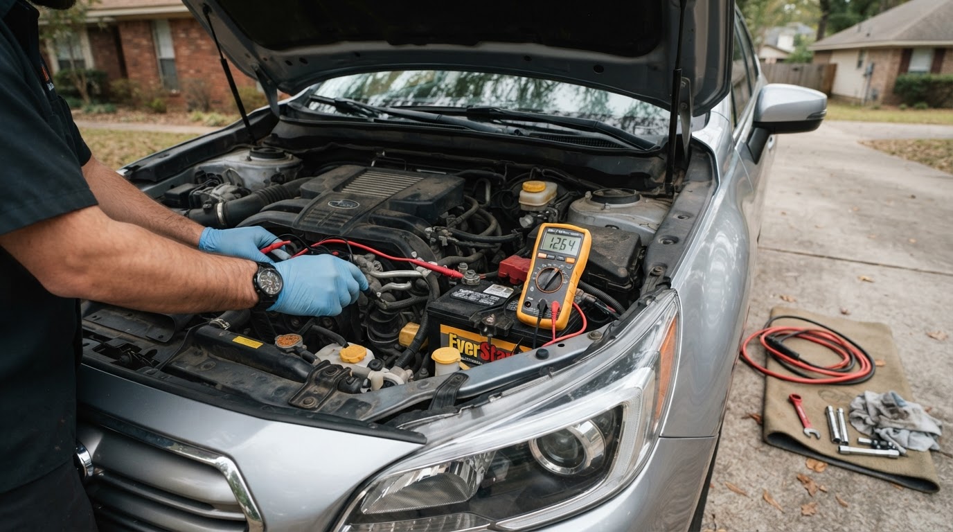 Mechanic testing a car battery and charging system on-site in Fitchburg, MA