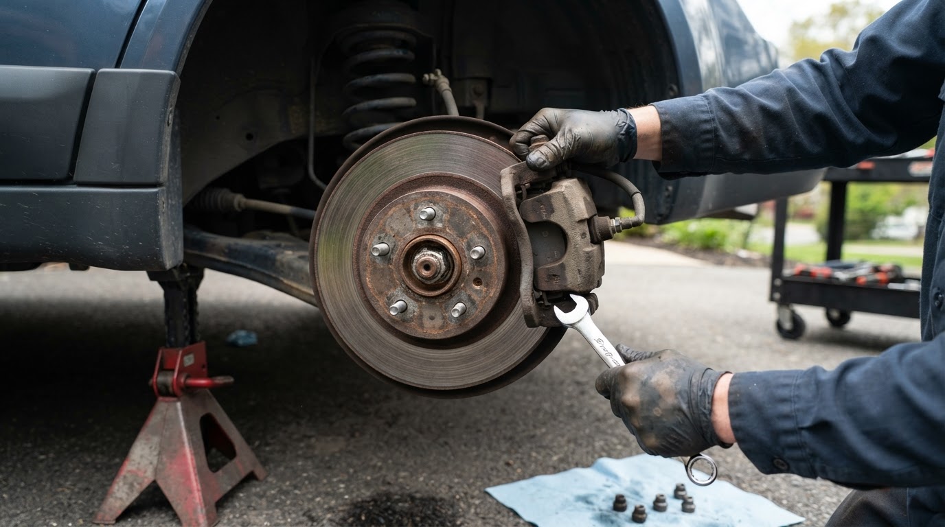 Mechanic replacing brake pads and rotors on-site in Fitchburg, MA