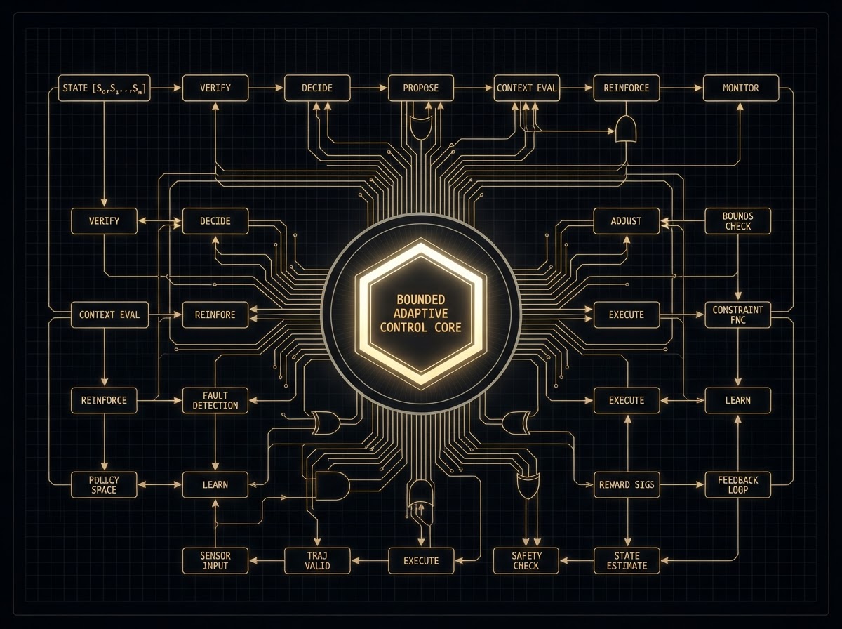 Bounded Adaptive Control Core with state-machine verification gates and a hard authority boundary