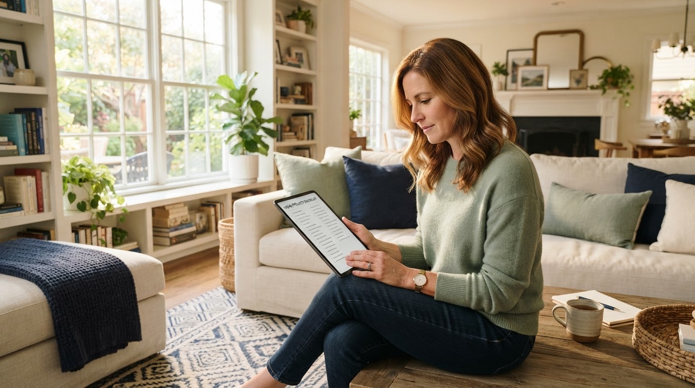 A homeowner reviewing the Home Seller Readiness Checklist in a bright living room