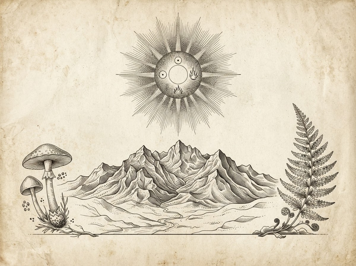 Antique engraving of a radiant sun above the Mission Mountains