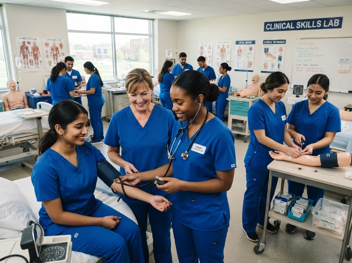A nursing student in blue scrubs learning hands-on clinical skills on other people in a healthcare training classroom