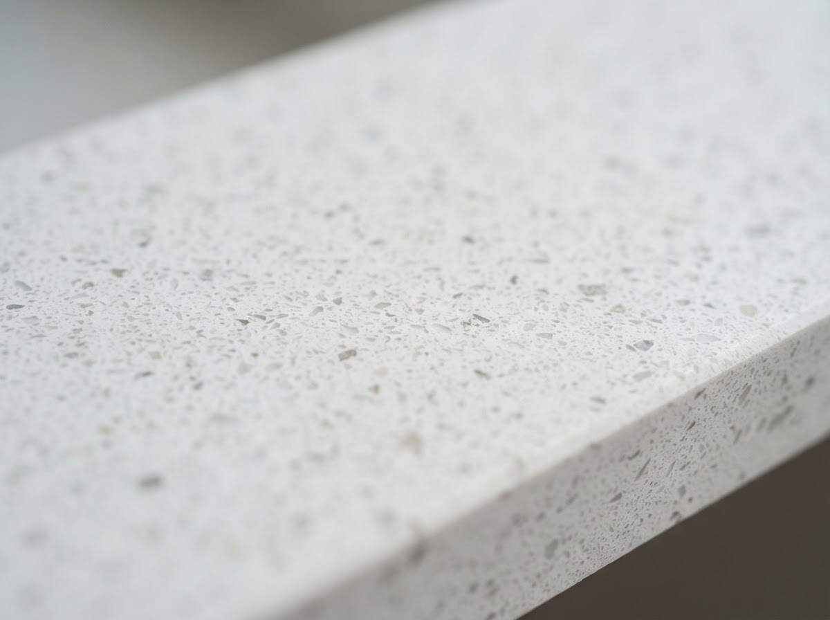 White quartz countertop slab with grey speckled pattern