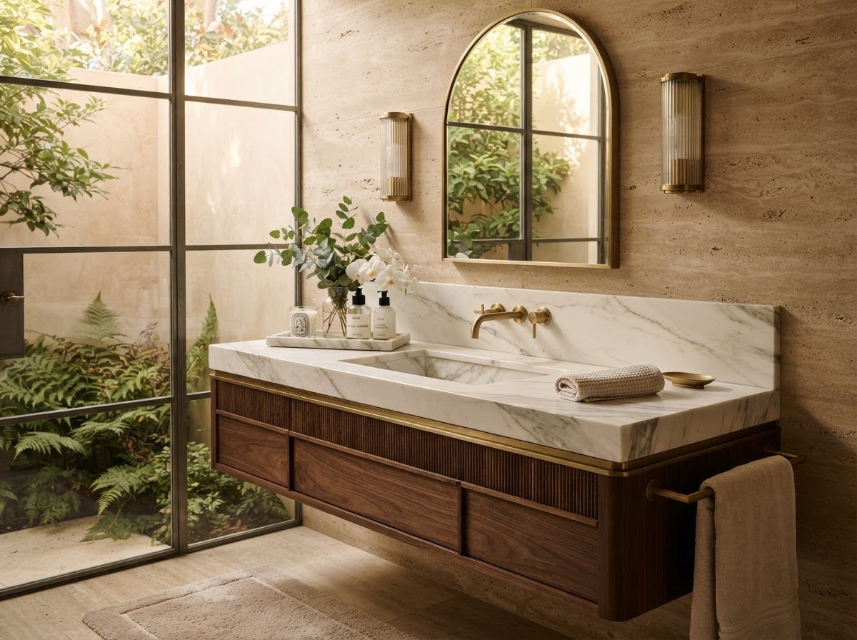 Bathroom vanity with melamine countertop and brushed brass faucet