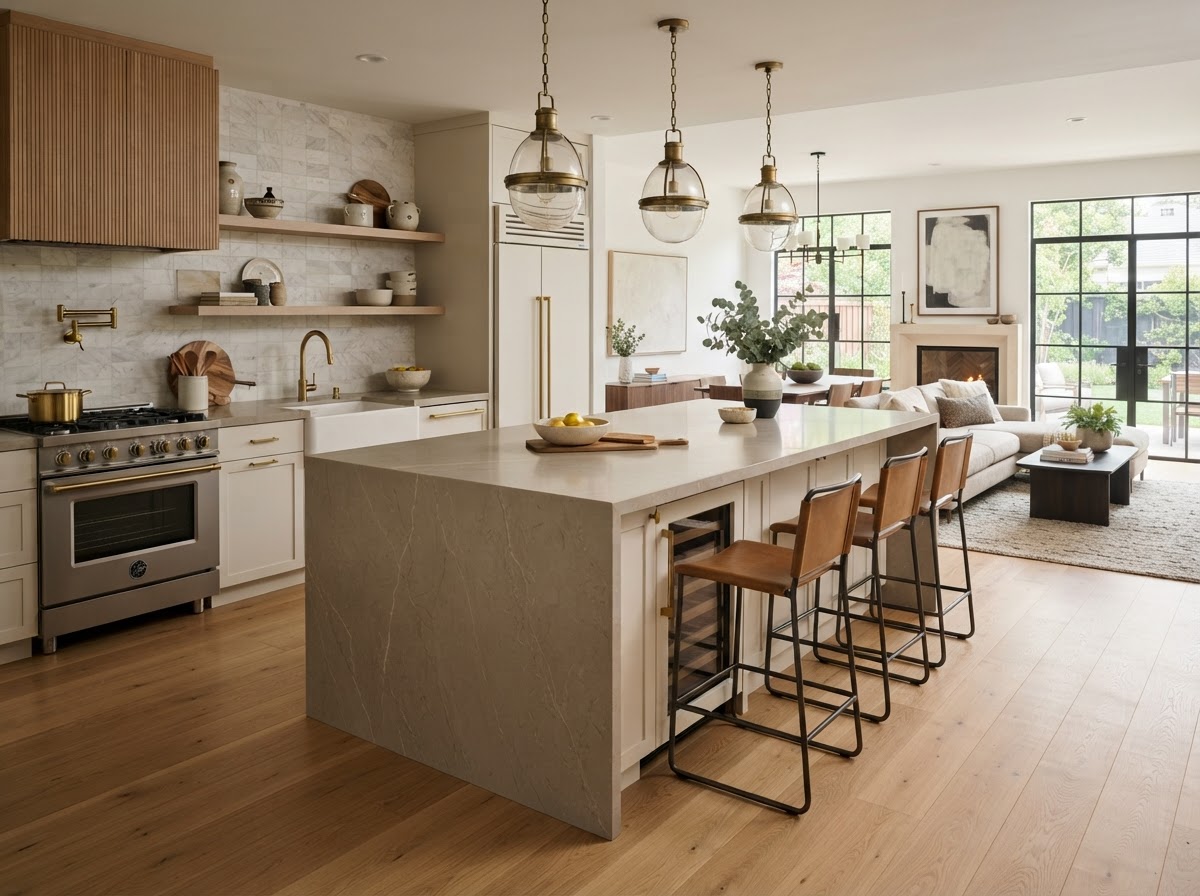 Kitchen island with thick greige quartz waterfall countertop under pendant lighting
