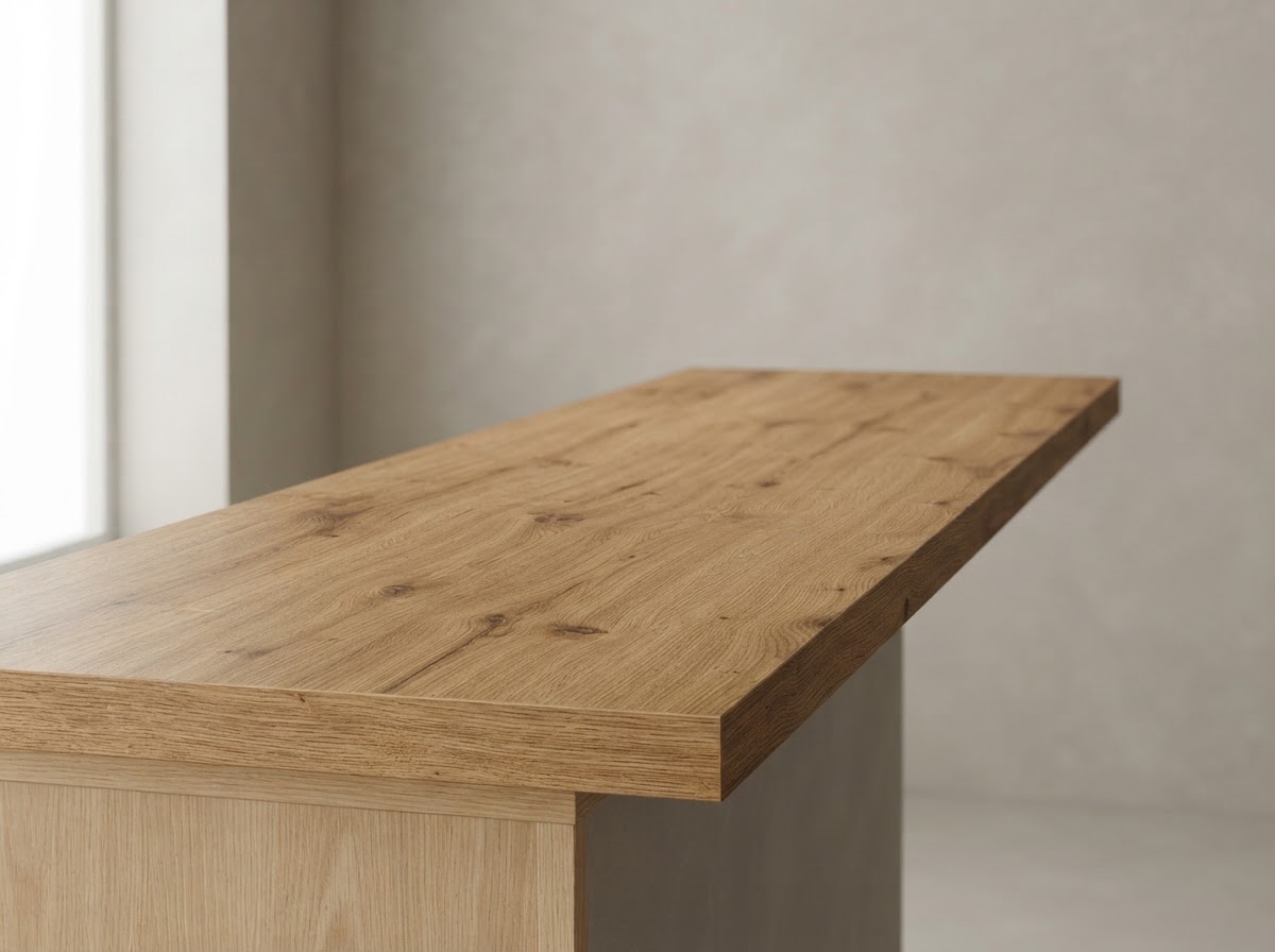 Close-up of melamine countertop with warm wood-grain finish