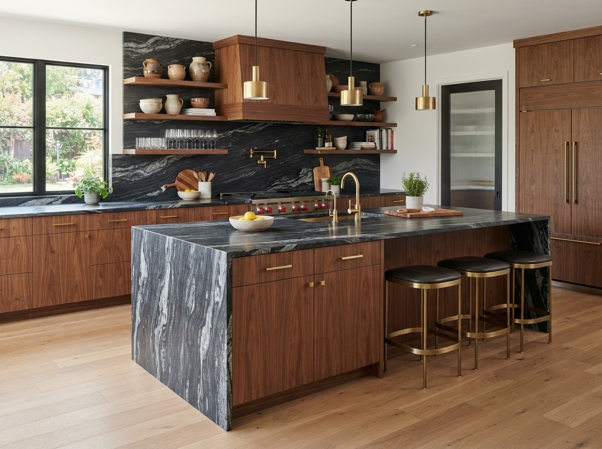 Modern kitchen with waterfall-edge charcoal granite countertop and warm wood cabinetry