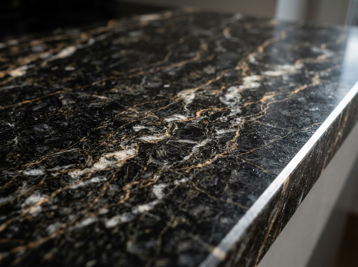 Close-up of polished black granite with gold and white mineral veining