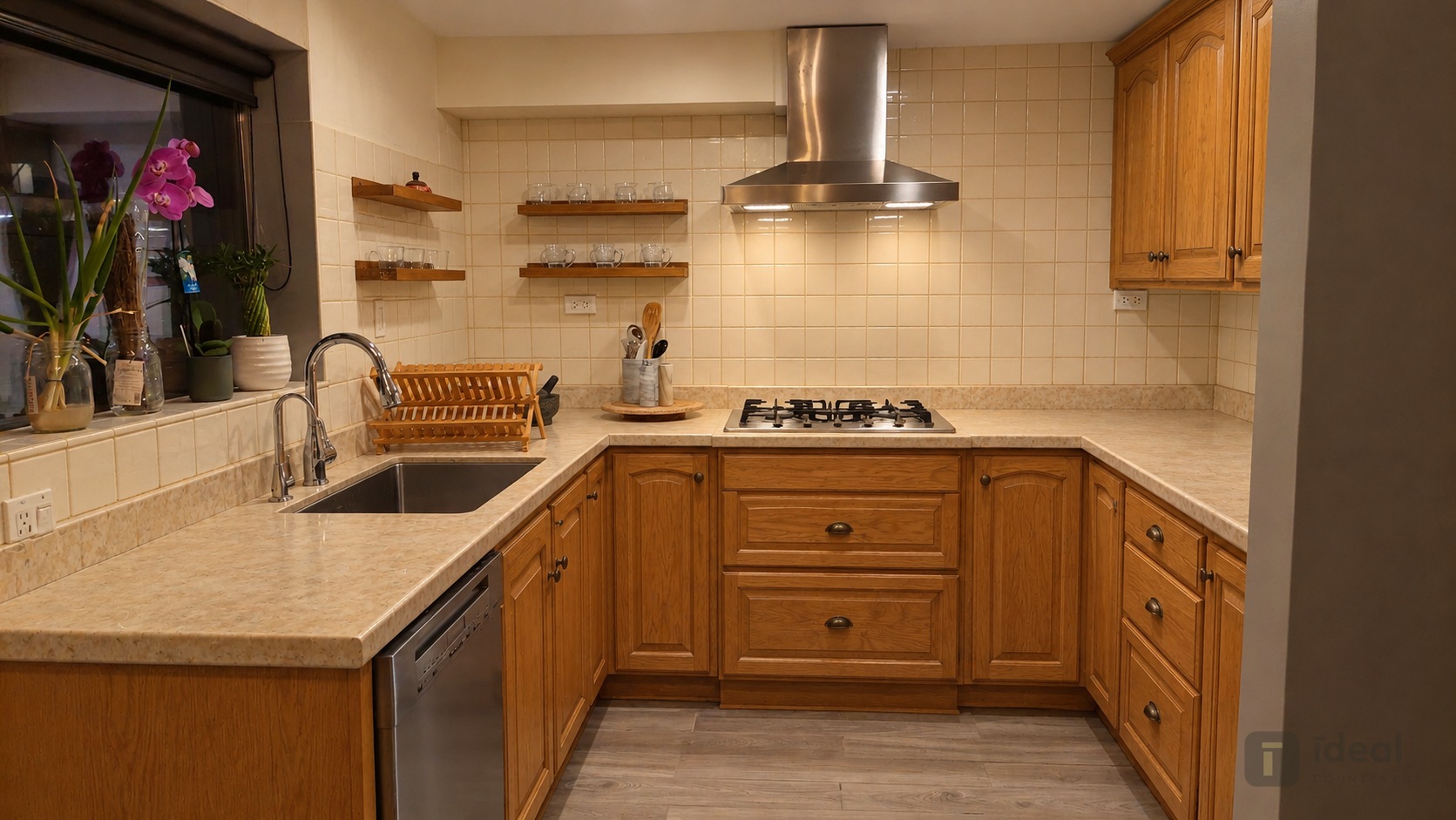 Before: kitchen U-shaped layout with laminate countertop, tiled backsplash, and wood cabinets prior to renovation