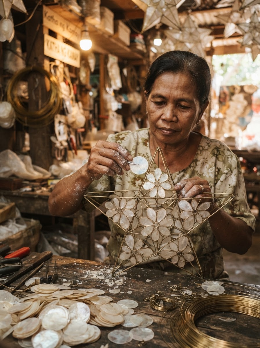 Filipino artisan crafting a Capiz shell Christmas lantern by hand
