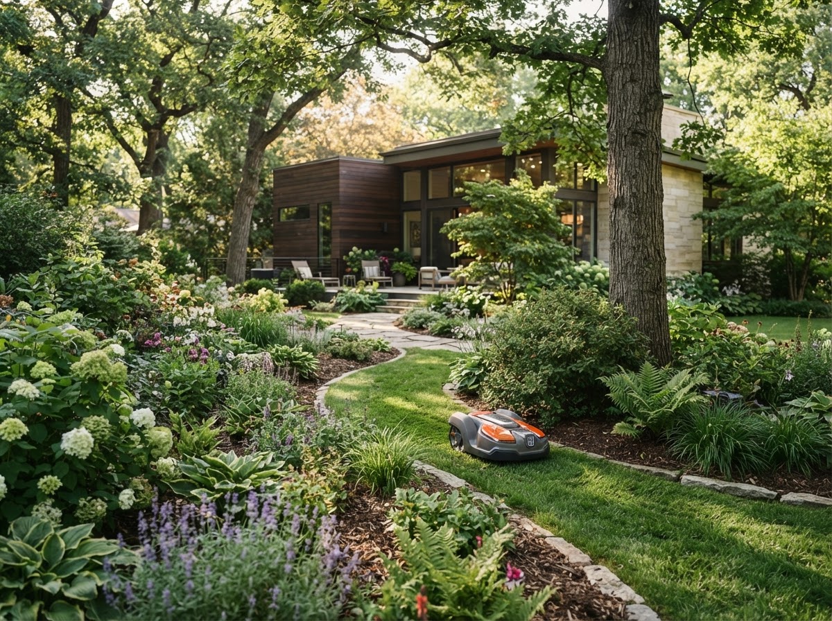A heavily landscaped yard with trees and shade