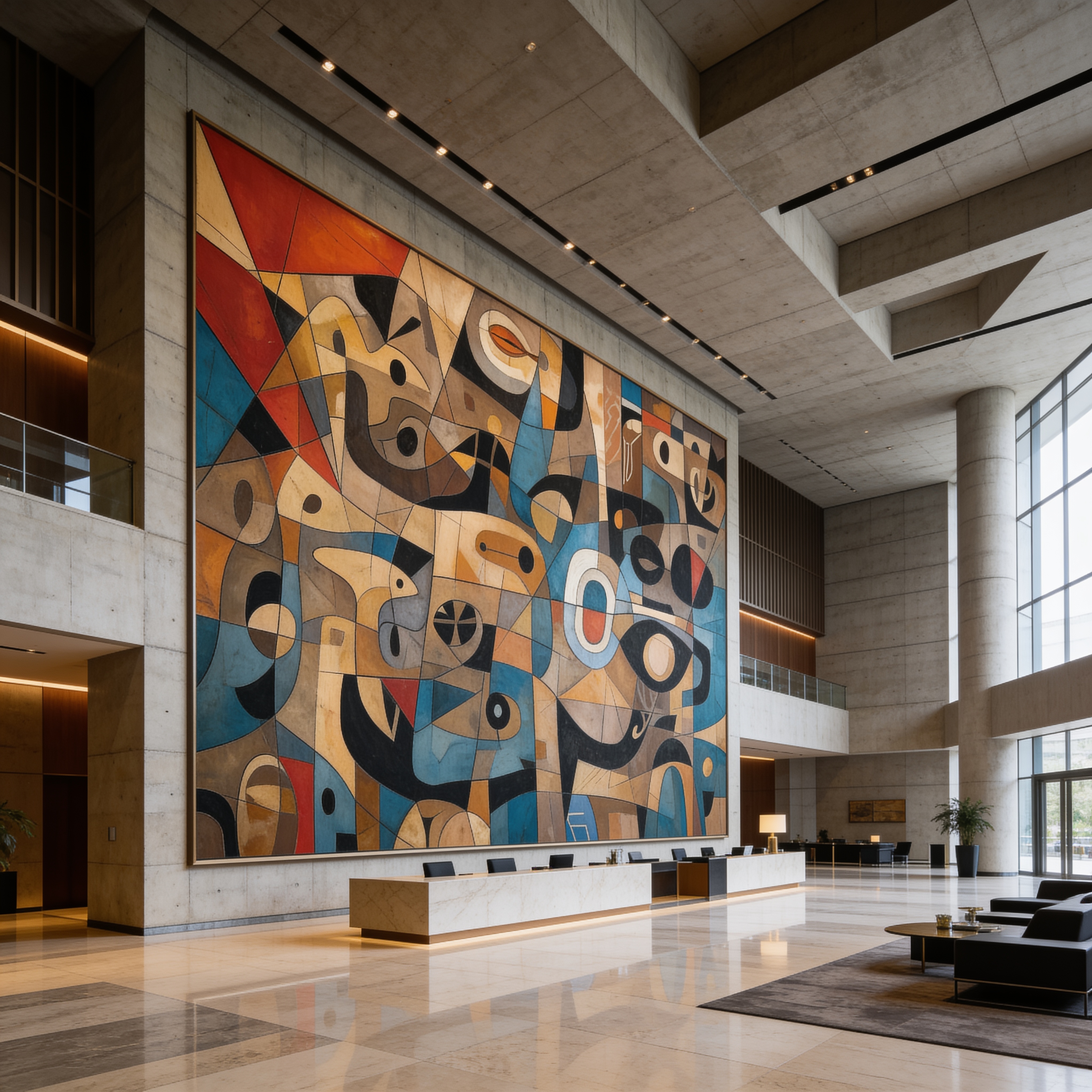 Obra de Pedro León de gran escala en lobby de doble altura