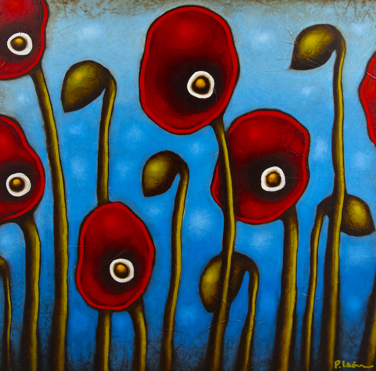 Obra de Pedro León · Amapolas y horizonte azul