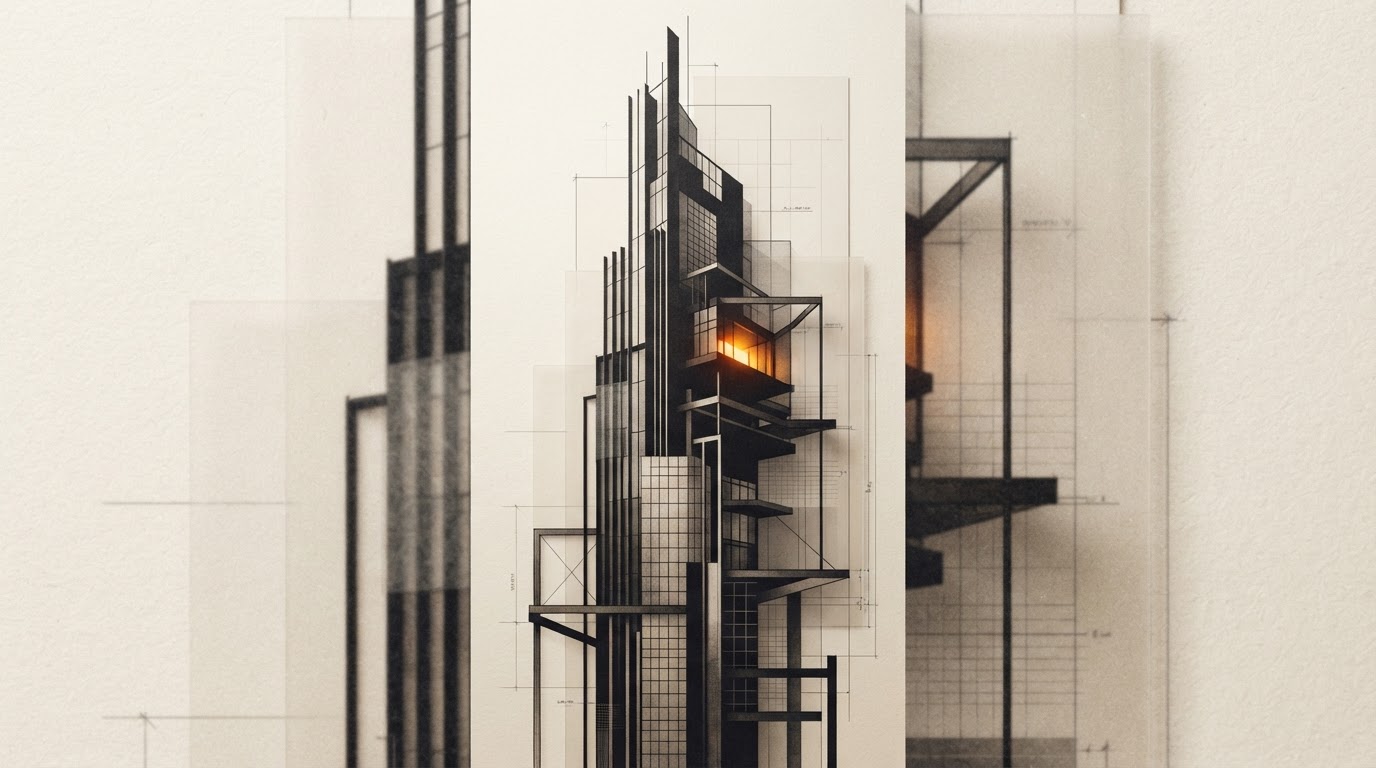 Layered skyscraper structures rising through warm architectural planes