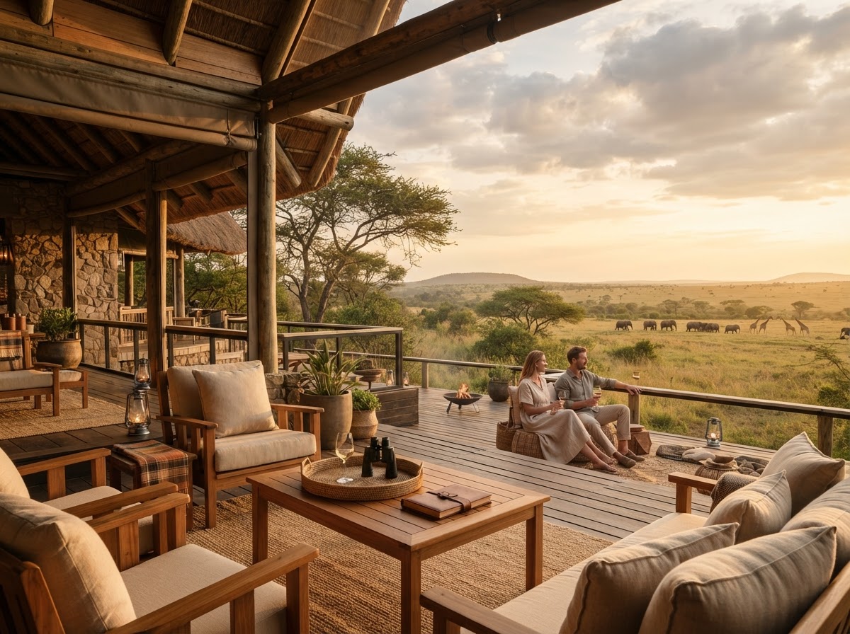 Private luxury safari lodge veranda during golden hour