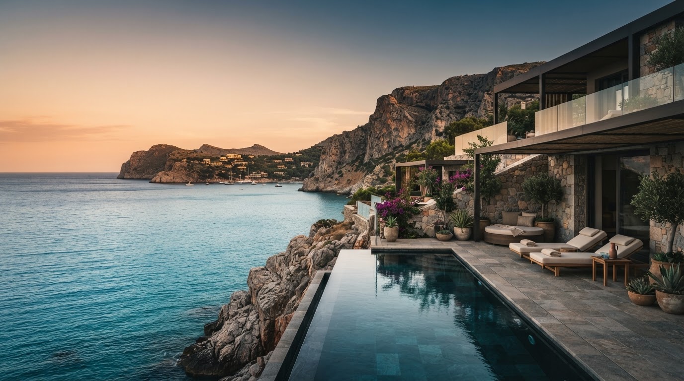 Secluded luxury coastal villa terrace overlooking calm water at golden hour