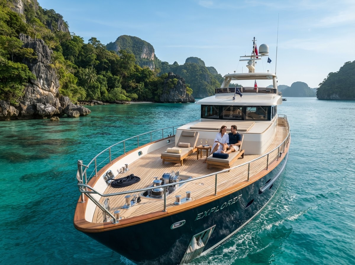 Luxury yacht travelling across clear blue water