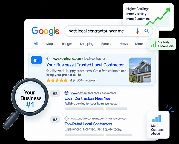 Google search results mockup illustrating #1 local business ranking, higher visibility, and customer growth
