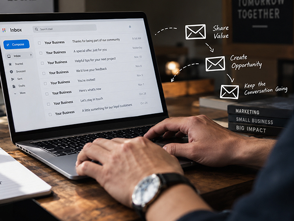 Email marketing workflow on laptop showing customer communication, sharing value, creating opportunity, and keeping conversations active