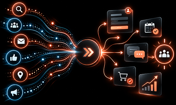 Connected digital marketing diagram showing traffic flowing from search, social, and email into conversion points like forms, calendars, and sales