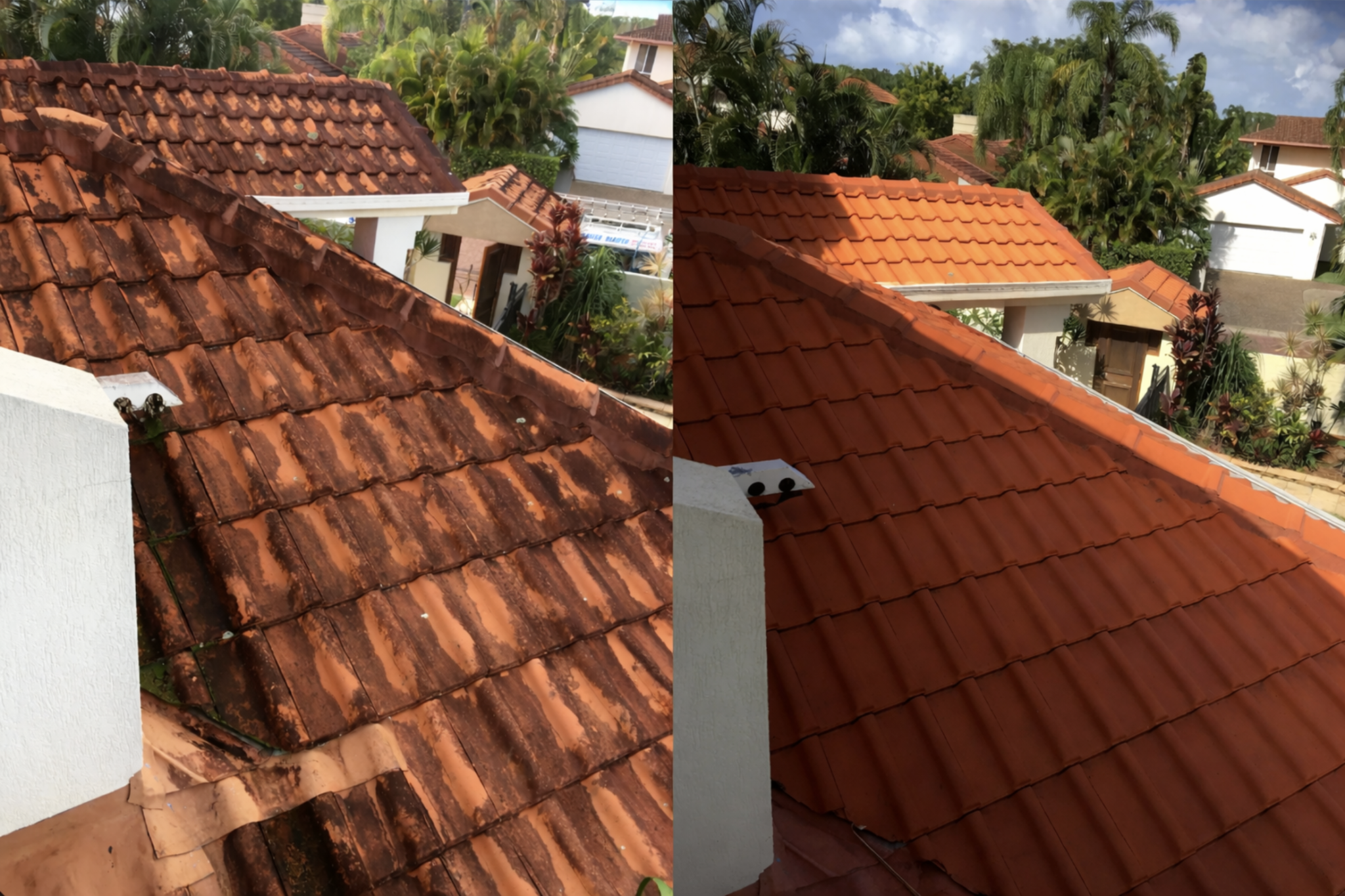 Before and after roof cleaning of a terracotta tile roof on a Gold Coast home