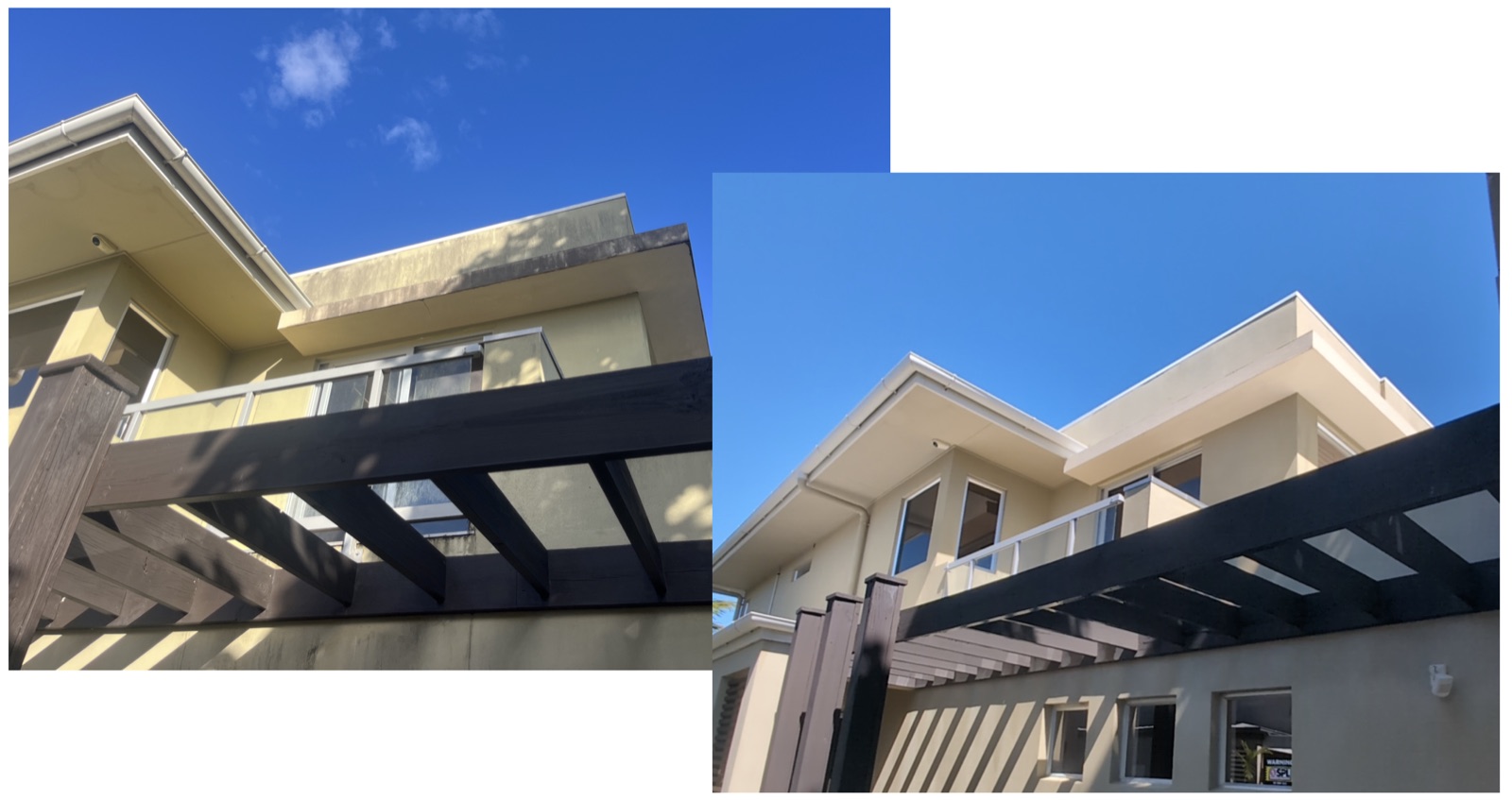 Mould-stained eaves and pergola soft wash