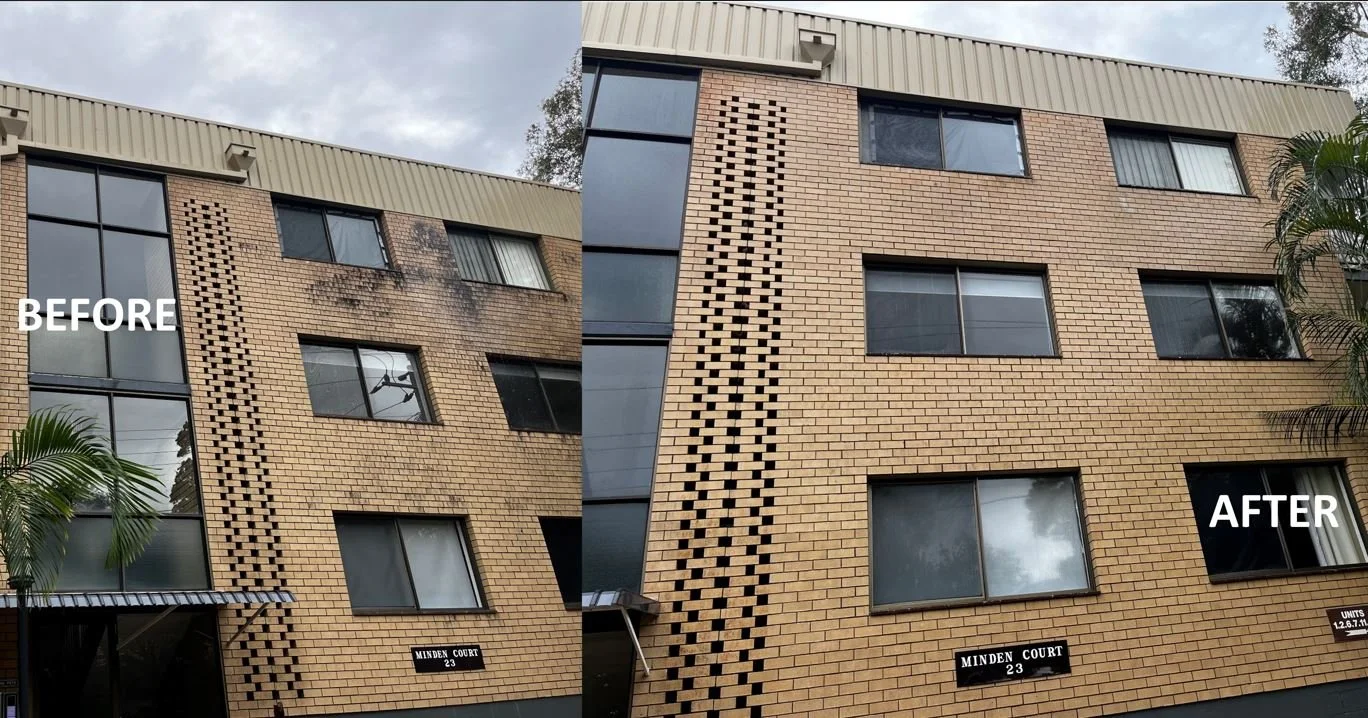 Before and after soft washing of a low rise Gold Coast unit block