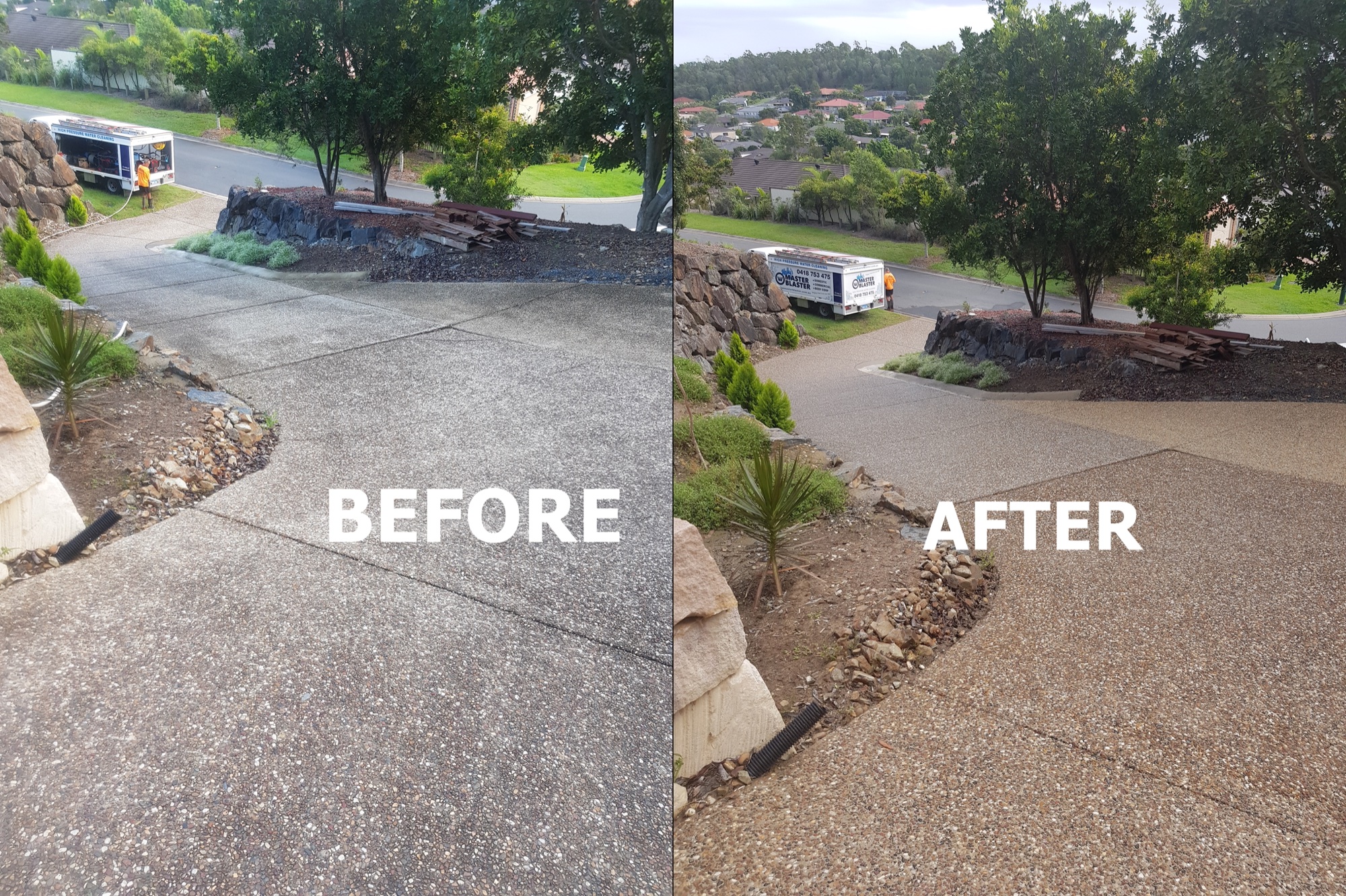 Before and after high pressure cleaning of a sloping exposed aggregate driveway at a Gold Coast home