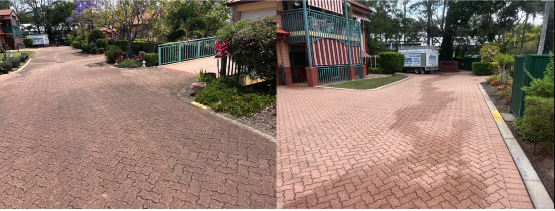 Aveo Robina Gardens driveway and entry before and after pressure cleaning