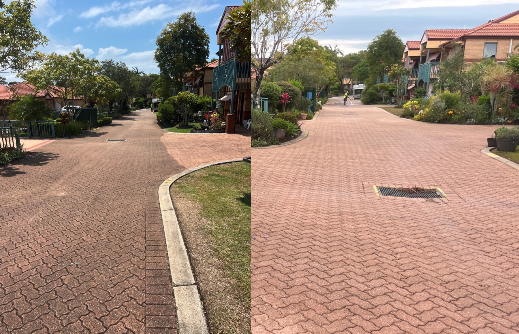 Aveo Robina Gardens common-area pavers and walkways before and after