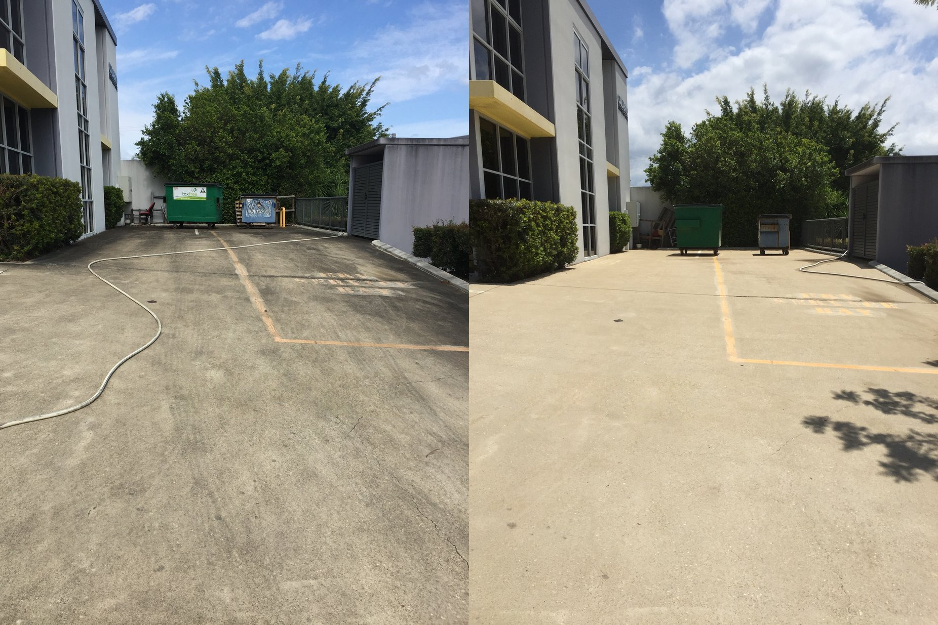 Open weather exposed commercial car park before and after pressure cleaning