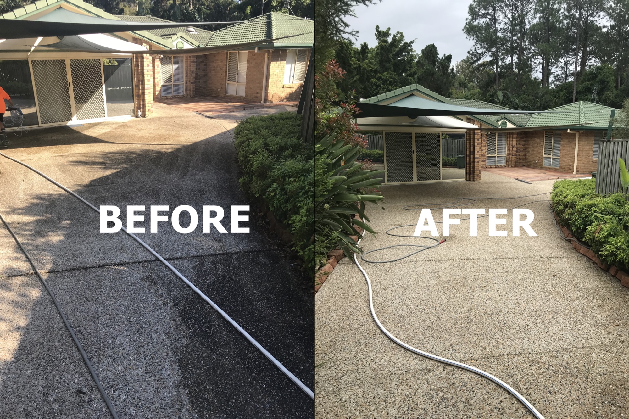 Before and after high pressure cleaning of a long concrete driveway at a Parkwood home on the Gold Coast