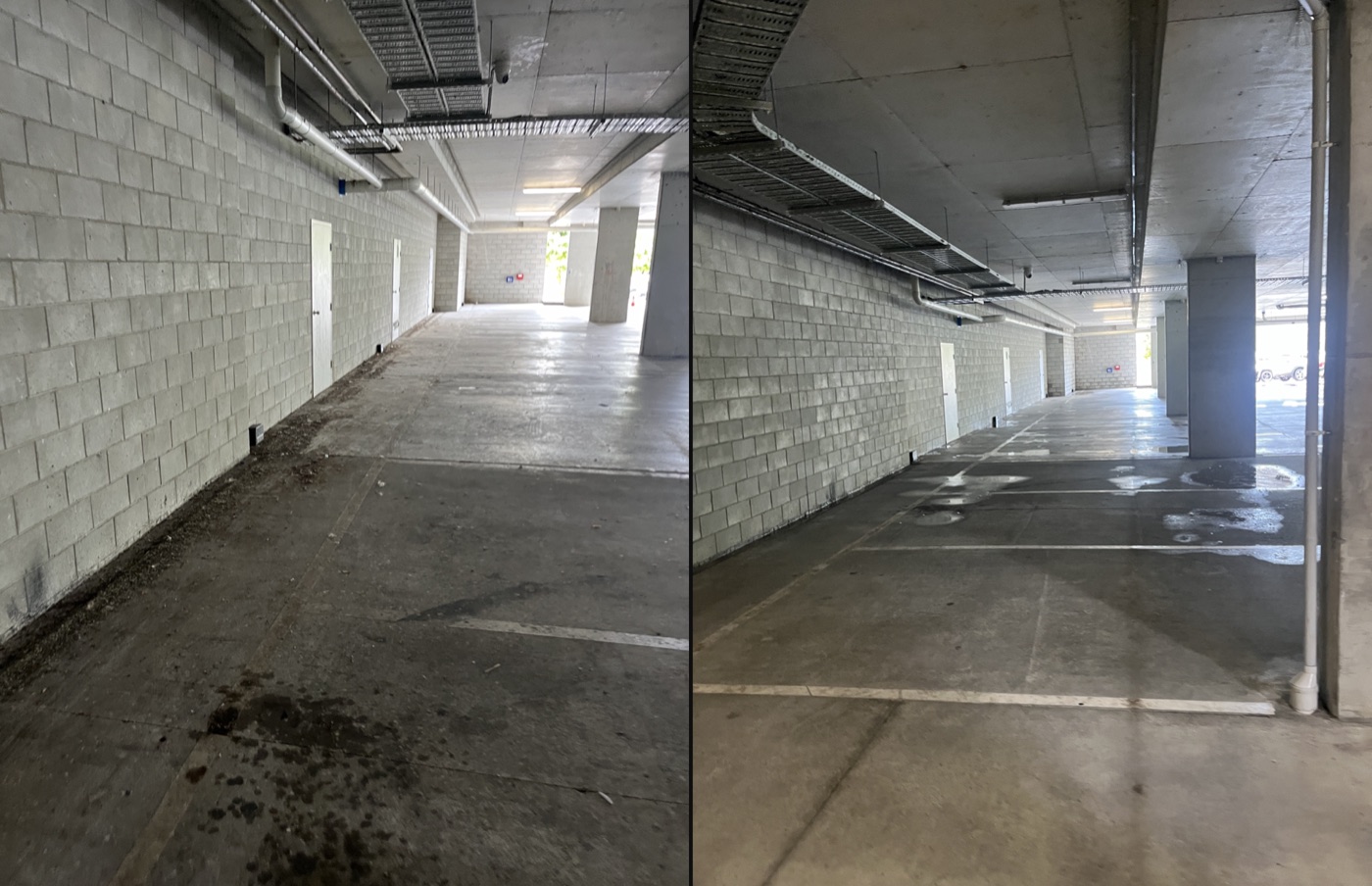 Undercover car park level before and after cleaning