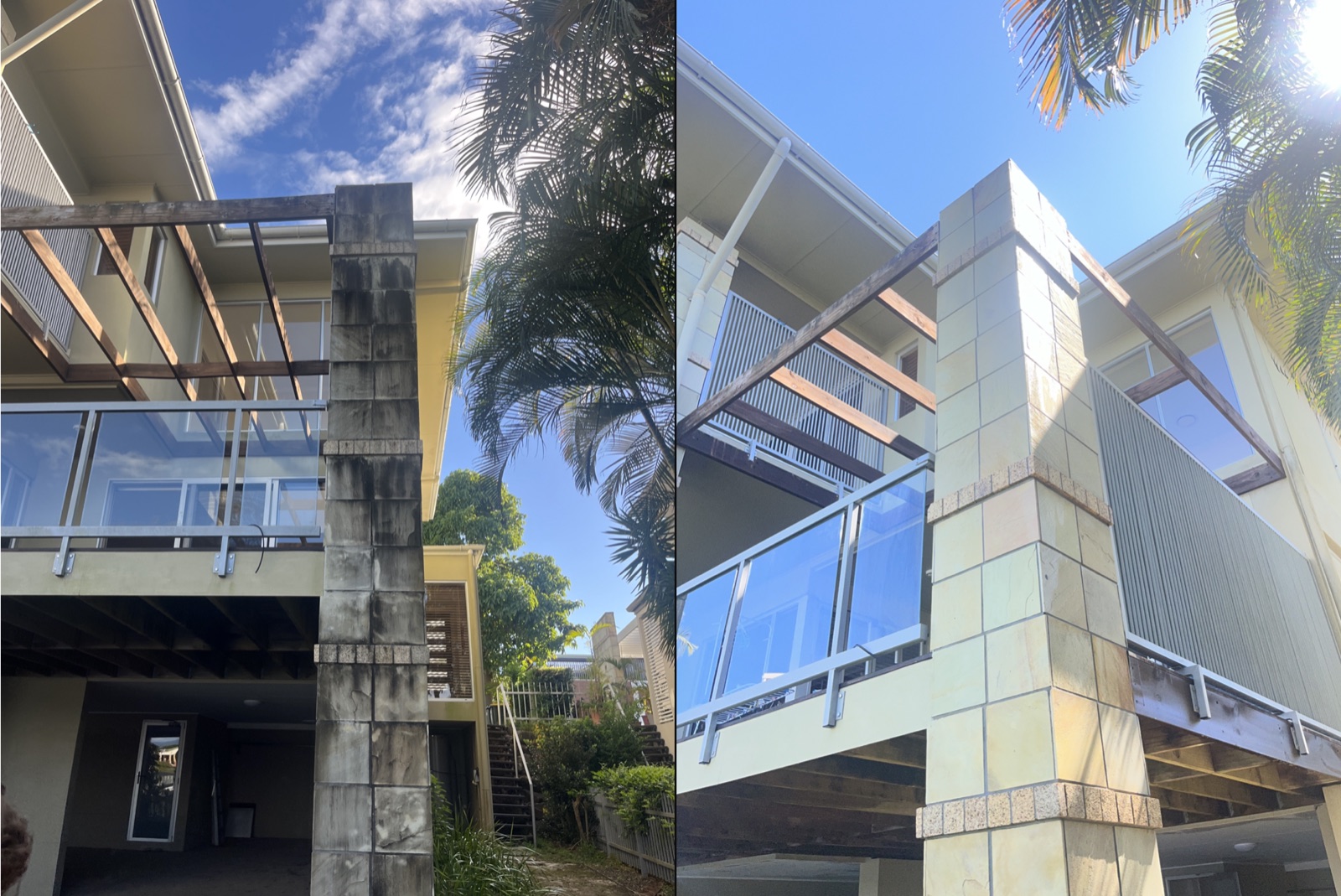 Stone clad structural column soft wash