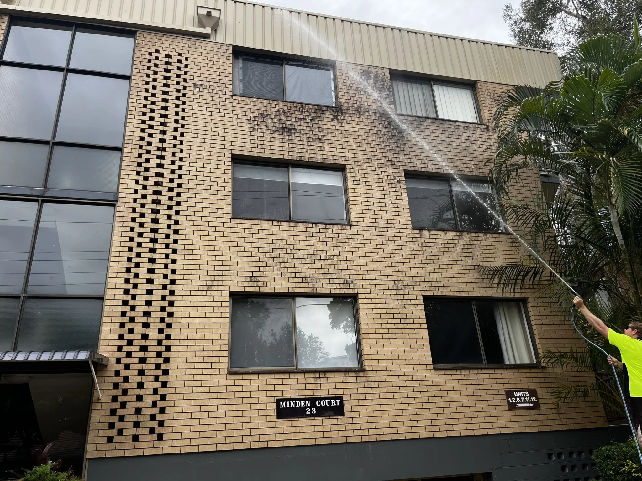 Soft washing black mould from the face brickwork of a low rise Gold Coast unit block