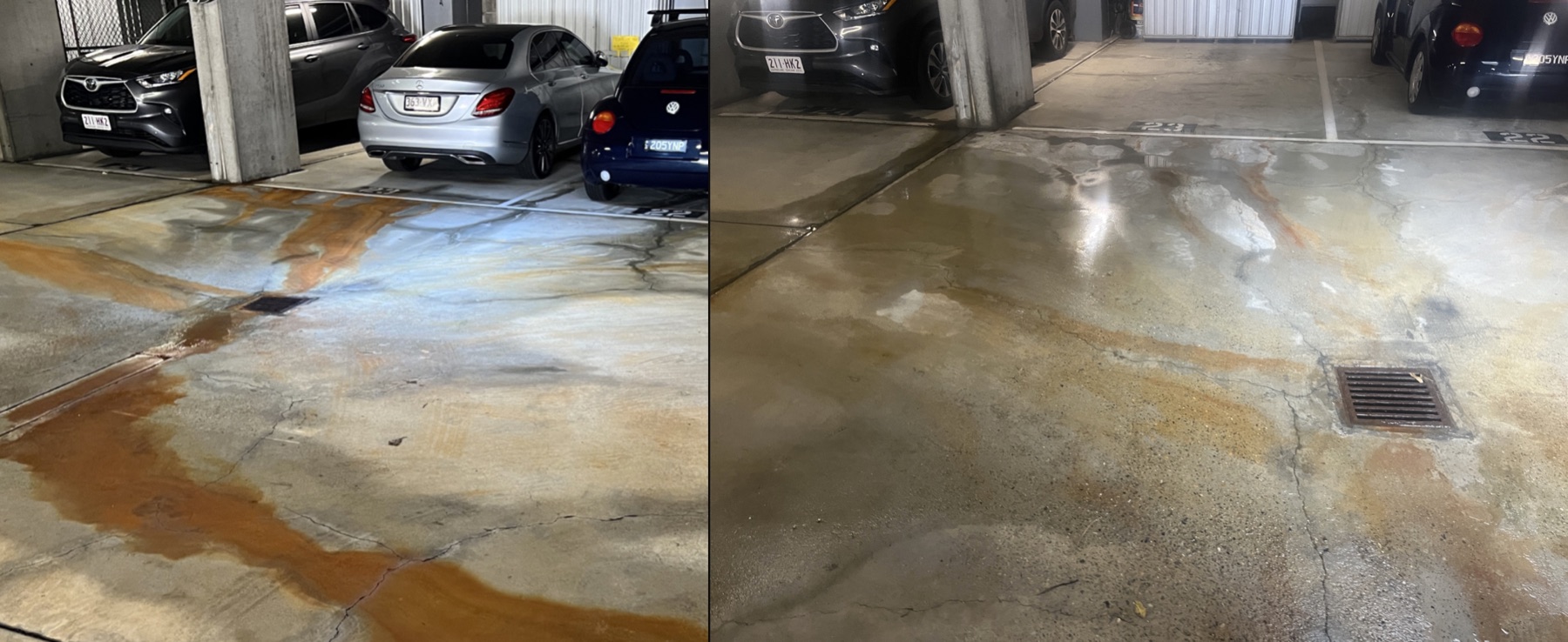 Heavy rust ingress staining across car park bays before and after treatment