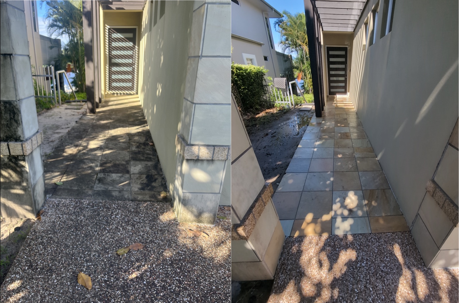 Stone tile entry pathway soft wash before and after