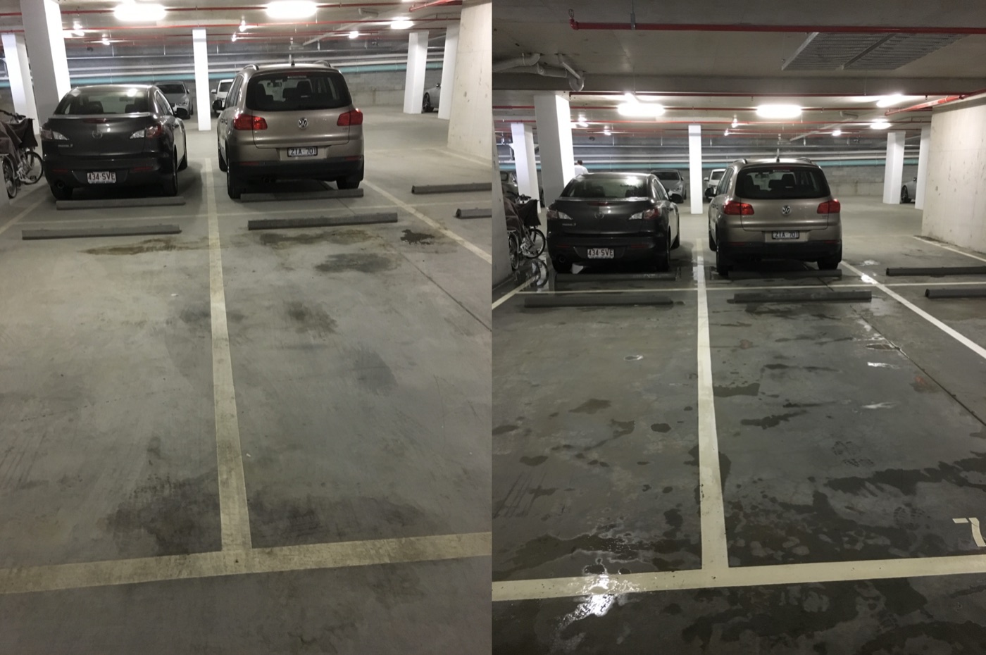 Underground basement car park bays before and after high pressure cleaning