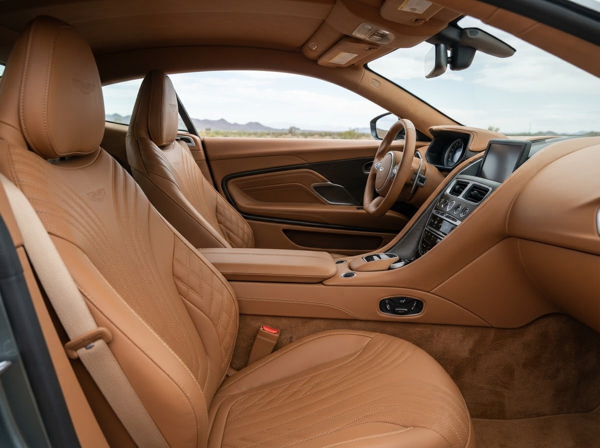 Interior detail cleaning leather and Alcantara in a luxury vehicle in Southern Utah