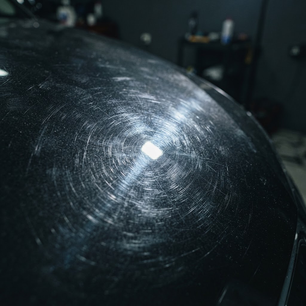Dark paint with swirl marks and haze under LED lighting before correction in St. George, Southern Utah