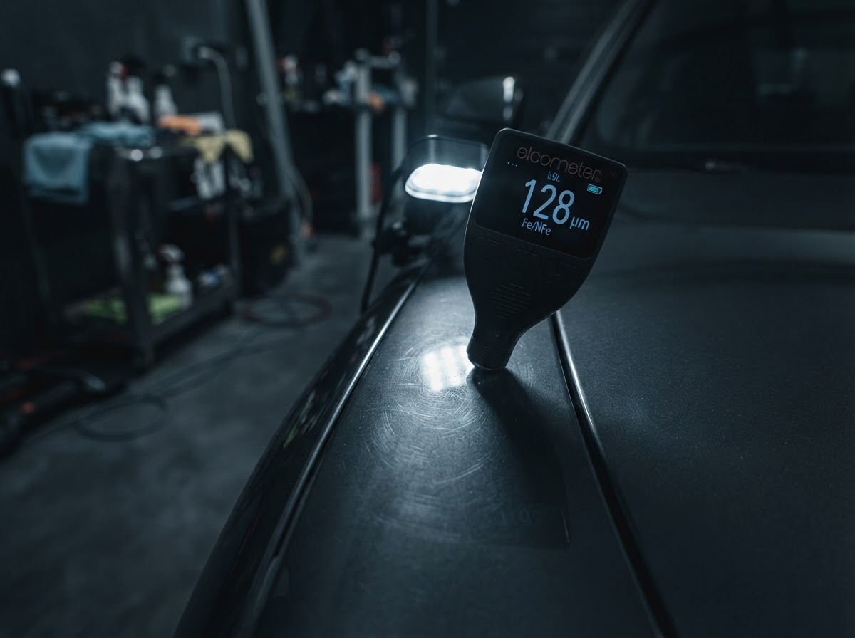 Paint-depth gauge measuring clear coat on a luxury vehicle panel during assessment in St. George, Southern Utah
