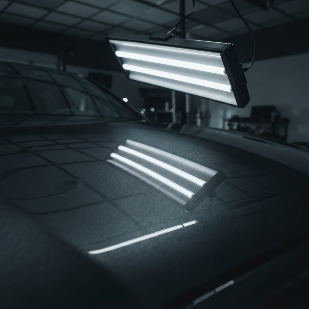Same dark paint corrected to deep mirror gloss under LED lighting after Empire Auto Detailing correction in Southern Utah